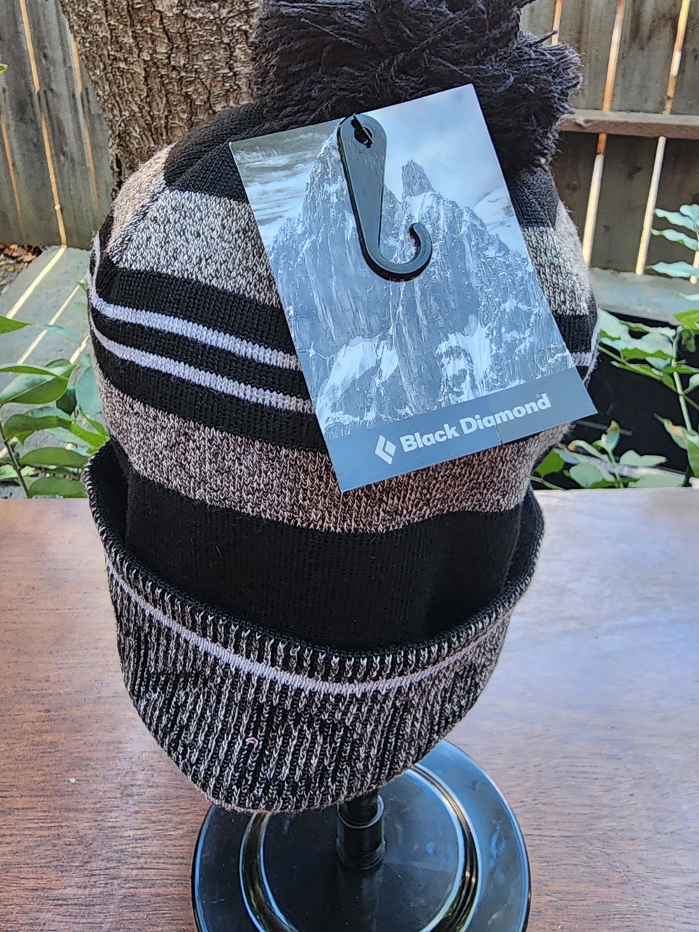 NWT Black Diamond Striped Pom Beanie Hat Black Grey Winter Knit One Size